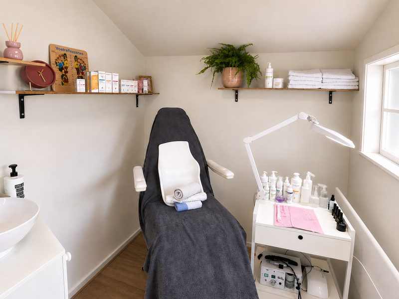 De behandelruimte van JC Pedicure met behandelstoel en verzorgingsproducten